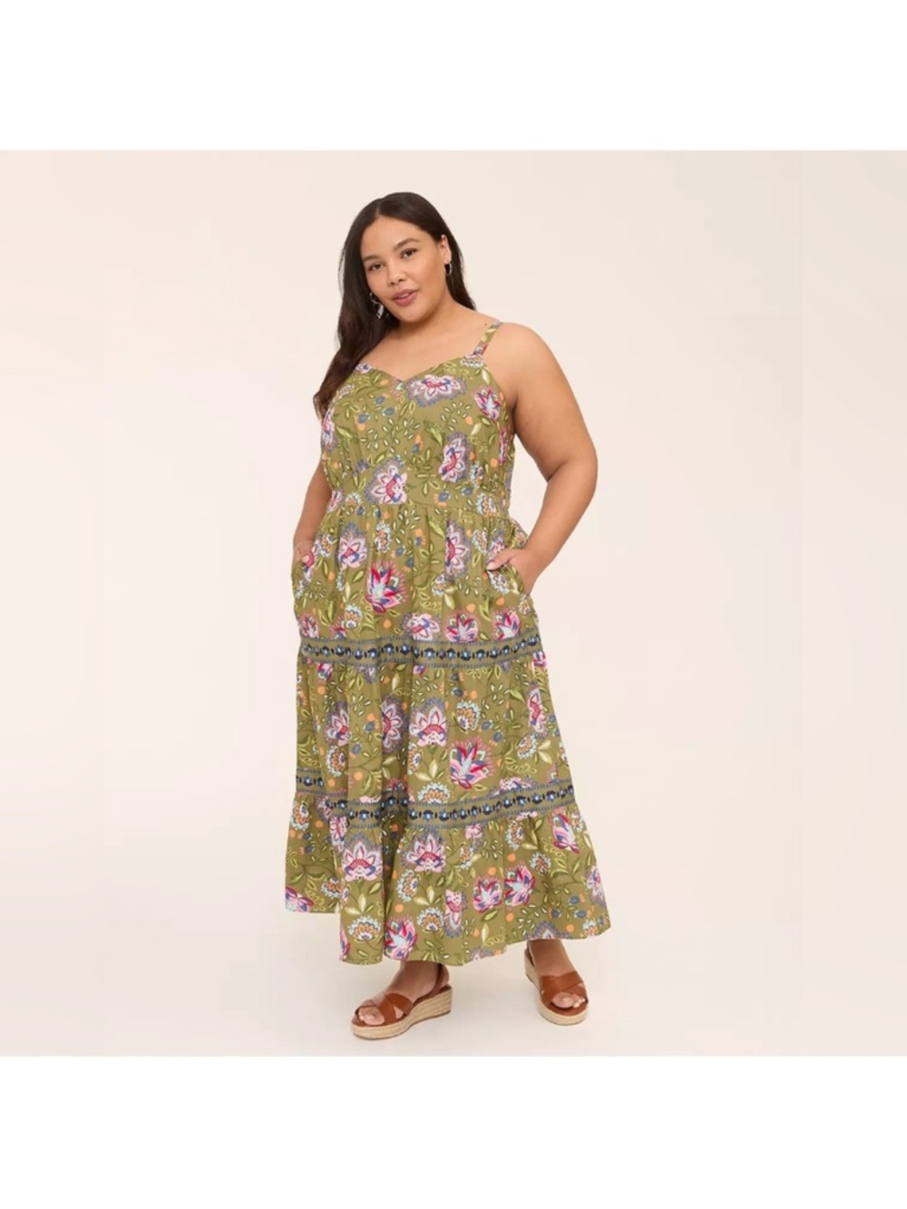 Lane Bryant Olive Floral Shirred Bodice Maxi Dress NWT